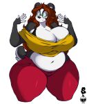  2020 5_fingers absurd_res alternate_species anthro big_breasts black_nose breasts brown_hair chubby_female clothed clothing dated eyewear female fingers giant_panda glasses green_eyes hair hi_res huge_breasts mammal navel simple_background solo superia superix ursid white_background 