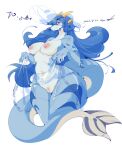  anthro aquatic_dragon blue_eyes blue_hair blush breasts dragon female genitals hair hi_res horn hvahavaj isaaclou_(character) looking_at_viewer marine nipples non-mammal_breasts nude pink_nipples pussy simple_background smile solo thick_thighs white_background 