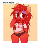  anthro border bra clothing eyeshadow female flaky_(htf) front_view fur hair happy_tree_friends hi_res hystricid makeup mammal midriff mocho4266 panties porcupine portrait red_body red_fur rodent shirt solo t-shirt teeth topwear underwear white_border wide_hips 