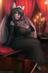  2:3 anthro big_breasts black_hair breasts candle chiropteran cleavage clothed clothing dress female hair kirumo-kat lit_candle mammal membrane_(anatomy) membranous_wings sitting solo text url wings 