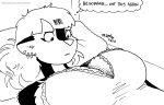  annoyed anthro big_breasts black_and_white breasts cleavage clothed clothing ear_piercing ear_ring female implied_breast_expansion kelly_o&#039;dor lying mammal mephitid monochrome on_back piercing skunk solo tegerio thought_bubble 