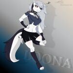  1:1 angry anthro belly_shirt bite bottomwear canid canid_demon claws clothed clothing collar colored countershading crop_top curvy_figure demon digital_drawing_(artwork) digital_media_(artwork) ear_bite english_text female fluffy_cheeks fur gloves_(marking) gradient_background grey_body grey_fur grey_hair grey_markings hair hellhound helluva_boss hi_res hourglass_figure long_hair long_tail looking_at_viewer loona_(vivzmind) mammal markings navel on_one_leg paws pentagram raised_leg red_sclera shaded shadow shirt shorts simple_background solo standing text thick_thighs topwear white_body white_eyes white_fur zer0rebel4 