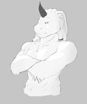  5:6 absurd_res andr0ch anthro crossed_arms everhood fur hi_res horn looking_at_viewer male monochrome monster muscular rasta_beast_(everhood) simple_background solo upper_body white_body white_fur 