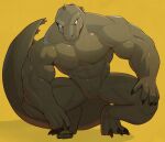  2021 abs anthro armored_vehicle big_muscles claws crouching godzilla godzilla_(series) hi_res jrjresq kaiju looking_down macro male monster muscular muscular_anthro muscular_male nude pecs reptile scales scalie simple_background solo spikes spikes_(anatomy) tank toho vehicle yellow_background 