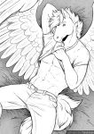  2021 abs anthro clothed clothing digital_media_(artwork) equid equine feathered_wings feathers hair hi_res male mammal monochrome pegasus solo tanutanuki wings 