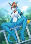  anthro armor bandai_namco blue_body blue_skin breasts digimon digimon_(species) digital_media_(artwork) female flamedramon genitals headgear helmet hi_res looking_at_viewer mostly_nude nipples pussy red_eyes shaded sitting smile solo valkoinen white_body white_skin 