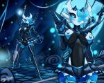  2021 5:4 arthropod black_body blue_eyes breasts clothed clothing cosplay detailed_background fan_character fecharis female glowing glowing_eyes hi_res holding_object holding_weapon hollow_knight humanoid humanoid_hands kill_la_kill lampy_(azura_inalis) latiar lifeblood nipple_outline one_eye_obstructed solo standing studio_trigger team_cherry vessel_(species) video_games weapon 