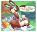  absurd_res aerth animal_crossing anthro big_butt blush blush_stickers bottomless breasts brown_body brown_fur butt carmen_(animal_crossing) clothed clothing dialogue duo english_text facesitting female female_on_top fur hair hi_res human human_on_anthro interspecies lagomorph leporid looking_back male male/female mammal nintendo no_underwear on_top partially_clothed rabbit side_boob text thick_thighs tooth_gap video_games 