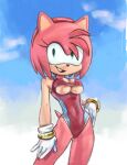  amy_rose anthro aoncyth breasts cleavage_cutout clothing eulipotyphlan female gloves grin hand_on_hip handwear hedgehog looking_at_viewer mammal one-piece_swimsuit open_mouth open_smile sega sky smile solo sonic_the_hedgehog_(series) swimwear under_boob white_clothing white_gloves white_handwear 