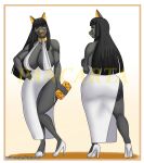  absurd_res anthro bangs big_breasts big_butt black_body black_hair border breasts butt canid canine canis cleavage clothed clothing dress female hair hi_res high_heels huge_breasts jackal long_hair looking_at_viewer looking_back looking_back_at_viewer mammal pancarta rear_view skimpy slit_dress solo white_border wide_hips 