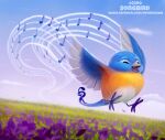  2019 avian bird blue_body blue_feathers bluebird cloud cryptid-creations eyes_closed feathered_wings feathers feral field flower flying g_clef grass male musical_note open_mouth orange_body orange_feathers oscine outside passerine plant singing sky solo thrush_(bird) white_body white_feathers wings 