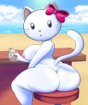  absurd_res accessory anthro beach beverage big_breasts breasts butt domestic_cat felid feline felis female hair_accessory hair_bow hair_ribbon hello_kitty_(character) hello_kitty_(series) hi_res holding_beverage holding_object looking_at_viewer looking_back mammal nude open_mouth ribbons sanrio seaside sitting solo teenagebratwurst 