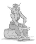  alien anthro bothan breasts clothing coveralls felid female hi_res holding_object looking_at_viewer mammal mechanic monochrome nicnak044 nipples overalls signature simple_background sitting sketch solo star_wars tire tools white_background wrench 