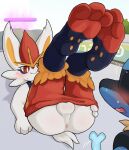  3_toes absurd_res ambiguous_gender anthro anus balls barefoot being_watched blush bodily_fluids bone butt canid canine cinderace clothed clothing duo feet flustered foot_focus genitals hand_on_butt hi_res hindpaw huka innuendo inviting lagomorph legs_up looking_at_another lucario male male_focus mammal nintendo pants_down partially_clothed paws pok&eacute;mon pok&eacute;mon_(species) presenting presenting_hindquarters seductive smile soles solo_focus sweat toes video_games 