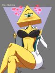  &lt;3 1_eye 2019 bedroom_eyes blush bra breasts cleavage clothed clothing crossed_legs female for_a_head hi_res humanoid illuminati jacket mouthless ms._illumine narrowed_eyes not_furry object_head open_clothing open_jacket open_topwear seductive sitting solo spicystew topwear underwear undressing yellow_body yellow_skin 