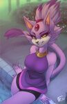  2020 anthro blaze_the_cat breasts clothing collar conditional_dnp digital_media_(artwork) domestic_cat dress felid feline felis female fluff-kevlar fur hair hi_res looking_at_viewer mammal multicolored_body multicolored_fur partially_submerged plant poolside pupils purple_body purple_fur sega shaded shrub slit_pupils smile solo sonic_the_hedgehog_(series) tied_hair white_body white_fur yellow_eyes 