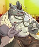  2021 anthro belly blush bottomwear bulge clothed clothing doctor grey_body hi_res humanoid_hands kemono male mammal medical_instrument musclegut navel nipples open_clothing open_shirt open_topwear pants raichoclub rhinocerotoid scientific_instrument shirt sitting solo stethoscope topwear 