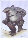 3:4 absurd_res adamgraphite anthro balls blood bodily_fluids bottomwear clothing colored dc_comics fish genitals hi_res king_shark male marine obese open_mouth overweight penis shark shorts slightly_chubby solo torn_clothing 