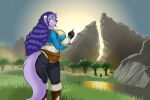  3:2 anthro big_breasts breasts breath_of_the_wild butt butt_pose clothed clothing cosplay detailed_background domestic_cat felid feline felis female hair mammal nintendo peterandwhitney pose princess_zelda purple_hair slightly_chubby solo the_legend_of_zelda video_games whitney_(pnc) 