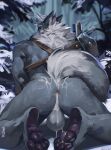  2021 anthro anus armor backsack balls black_pawpads blue_eyes bodily_fluids butt canid canine canis cum cum_from_ass cum_in_ass cum_inside cum_on_butt forest fur genital_fluids genitals grey_body grey_fur hair hi_res kneeling looking_at_viewer looking_back looking_back_at_viewer male mammal multicolored_body multicolored_fur mystikfox61 neck_tuft outside pauldron pawpads paws plant presenting presenting_anus presenting_hindquarters raised_tail snow solo tree tuft two_tone_body two_tone_fur white_body white_fur white_hair wolf 