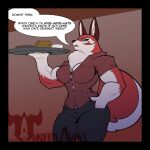  1:1 anthro biceps big_breasts black_border border breasts canid canine chest_tuft dialogue english_text female food fur hi_res looking_at_viewer mammal muscular muscular_female neosavias red_body red_fur solo straining_buttons text tuft white_body white_fur wide_hips 