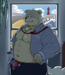  2021 anthro belly bottomwear bulge canid canine canis clothed clothing detailed_background domestic_dog eyewear glasses hi_res humanoid_hands inside kemono male mammal mature_male moonwhitetiger open_clothing open_shirt open_topwear overweight overweight_male pants shirt solo topwear underwear 