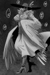  2021 4_toes abstract_background anisodactyl anklet anthro avian beak big_breasts bird breasts claws clothed clothing columbid dress feathers feet female greyscale hasshaku-sama hat headgear headwear high_heels huge_breasts japanese_text jewelry looking_at_viewer momomanji monochrome neck_tuft nipple_outline non-mammal_breasts one_eye_obstructed pigeon scales smile solo sun_hat sundress tail_feathers text tiptoes toes translated tuft wide_eyed winged_arms wings 