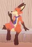  absurd_res animal_genitalia anthro balls beckoning canid canine crombie digital_media_(artwork) disney fox genitals gesture hi_res knot looking_at_viewer male mammal mostly_nude necktie nick_wilde penis shaded sitting solo zootopia 