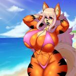  1:1 absurd_res anthro arcanine beach big_breasts bikini breasts chest_tuft cleavage clothed clothing female hi_res huge_breasts lips lipstick luchodraws makeup nintendo pok&eacute;mon pok&eacute;mon_(species) seaside solo swimwear tuft video_games wide_hips 