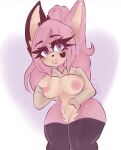  anthro areola big_breasts breasts clothed clothing clothing_lift fan_character female fur hair hi_res kittyq legwear maria_rose_(kittyq) pink_body pink_eyes pink_fur pink_hair sega shirt shirt_lift solo sonic_the_hedgehog_(series) stockings topwear wide_hips 