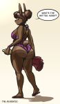  2020 anthro breasts brown_body butt clothed clothing dialogue digital_media_(artwork) ear_piercing ear_ring english_text female hi_res holding_object looking_at_viewer looking_back looking_back_at_viewer mammal one-piece_swimsuit open-back_swimsuit piercing rear_view shaded simple_background solo swimwear tail-blazer text ursid 