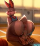  3_toes anthro anus backsack ball balls barefoot basketball_(ball) bedroom_eyes big_anus big_balls big_butt bodily_fluids bottomless bugs_bunny butt butt_focus clothed clothing countershade_feet countershading detailed_background feet genitals girly hi_res huge_butt lagomorph leporid looney_tunes male mammal musk narrowed_eyes pawpads pink_pawpads plantigrade presenting presenting_anus presenting_hindquarters rabbit saggy_balls seductive soles solo sweat sweaty_butt thick_thighs toes warner_brothers zexyprof 