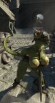  2021 3d_(artwork) anthro argonian armor bethesda_softworks blender_(software) boots breasts clothed clothing detailed_background digital_media_(artwork) female footwear gloves green_body green_scales handwear headgear helmet hi_res horn leaning leaning_forward lifts-her-tail melee_weapon nipples non-mammal_breasts open_mouth orange_eyes outside partially_clothed portrait raised_tail reptile scales scalie shield solo spiked_tail spikes spikes_(anatomy) standing sword teeth the_elder_scrolls threedeedude video_games weapon 