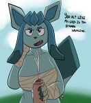  aetherouranos anthro bodily_fluids breasts cum duo eeveelution ejaculation erection female genital_fluids genitals glaceon hi_res male male/female mammal nintendo open_mouth orgasm penis pok&eacute;mon pok&eacute;mon_(species) simple_background text video_games wrappings wraps 