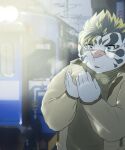  2021 5:6 anthro bawp clothing eyewear felid fur glasses hi_res humanoid_hands kemono licho_(tas) male mammal outside pantherine slightly_chubby solo sweater tiger tokyo_afterschool_summoners topwear train vehicle video_games white_body white_fur 