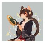  &lt;3 2018 anthro biped brown_body brown_ears brown_fur brown_hair brown_tail domestic_cat eye_through_hair eyebrow_through_hair eyebrows eyelashes eyelashes_visible_through_hair felid feline felis female flower fur glistening glistening_eyes hair hi_res holding_flower holding_object mammal orange_body orange_ears orange_fur pekuza041 pink_nose plant red_eyes simple_background solo sunflower tan_body tan_fur tan_inner_ear translucent translucent_hair 