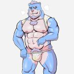  1:1 2021 anthro barazoku beard blue_body bodily_fluids bulge clothing facial_hair genitals hi_res humanoid_hands jockstrap kemono male mammal muscular muscular_male nipples peekeroro penis pubes simple_background solo sweat tongue tongue_out underwear ursid 