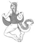  2021 4_toes anthro athletic athletic_anthro athletic_female biped breasts butt claws clothed clothing clothing_lift dragon dress dress_lift feet female fur furred_dragon hi_res humanoid_hands kneeling long_ears looking_at_viewer looking_back looking_back_at_viewer mane monochrome no_underwear plantigrade rear_view signature silgiriya_mantsugosi simple_background smile smiling_at_viewer solo toe_claws toes white_background wingless_dragon 