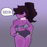  1:1 anthro big_breasts big_butt bodily_fluids bottomwear breasts breasts_strap butt clothed clothing deltarune dialogue_box english_text female gradient_background hair_over_eyes hi_res lizard looking_back rear_view reptile scalie shorts simple_background solo susie_(deltarune) sweat sweetdandy text thick_thighs video_games wide_hips 