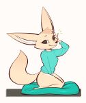  2021 3_toes aggressive_retsuko anthro barefoot bottomless canid canine casual_exposure clothed clothing feet female fennec fenneko fox full-length_portrait hi_res junyois kneeling mammal portrait sanrio simple_background smile soles solo sweater tan_body toes topwear white_background 