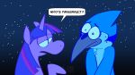  16:9 2021 absurd_res anthro avian beak bird blue_body blue_jay cartoon_network cchilab corvid crossover dialogue duo english_text equid equine female friendship_is_magic hasbro hi_res horn jay_(bird) male mammal mordecai_(regular_show) mordetwi my_little_pony new_world_jay night_sky oscine passerine purple_body regular_show speech_bubble star text twilight_sparkle_(mlp) unicorn widescreen 