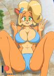  absurd_res accessory activision anthro bandicoot big_breasts bikini bite biting_lip biting_own_lip blonde_hair blurred_background breasts clothing coco_bandicoot crash_bandicoot_(series) female flower flower_in_hair fur gesture green_eyes hair hair_accessory hi_res looking_at_viewer mammal marsupial multicolored_body multicolored_fur navel plant prezer0 self_bite solo spread_legs spreading swimwear two_tone_body two_tone_fur v_sign video_games 