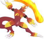  absurd_res anthro bandai_namco blue_eyes cosplay digimon digimon_(species) dragon erection fan_character fire flamedramon fur genitals hi_res horn male matidramon penis pose red_body red_fur simple_background solo 