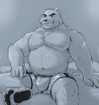  2021 anthro as40728 bed belly bulge clothing furniture hi_res humanoid_hands kemono male mammal moobs navel nipples overweight overweight_male sitting solo underwear ursid 