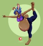  3_toes absurd_res belly big_belly blue_hair brown_body brown_fur eyewear feet fur glasses hair hi_res igglypou lagomorph leporid mammal navel navel_piercing on_one_leg piercing pregnant purple_eyes rabbit smile standing tattoo toes yoga 