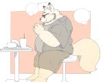  2021 5:4 anthro belly bottomwear canid canine clothing eyewear fox glasses humanoid_hands inunoshippo kemono male mammal overweight overweight_male shirt shorts simple_background sitting solo topwear 