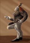  anthro barazoku beverage big_muscles big_penis bone bottomwear clothed clothing coffee elias_ainsworth erection erection_under_clothing footwear genitals hi_res horn huge_muscles huge_penis hyper male morning morning_wood muscular pants penis shoes solo the_ancient_magus_bride unknown_species wolfsecret 