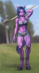  abs absurd_res anthro army blue_eyes bottomwear breasts catpumpkin clothed clothing equid equine female hi_res hooves horse mammal muscular muscular_female muscular_legs purple_body shorts solo topic 