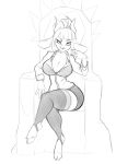  2021 absurd_res anthro big_breasts bovid breasts caprine chair cleavage clothed clothing elzzombie eyebrows female fingers furniture goat goat_lucifer_(helltaker) hair helltaker hi_res horn legwear looking_at_viewer mammal monochrome sitting solo throne 