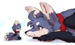  ambiguous_gender black_nose blue_body blue_fur canid canine cheek_tuft claws collar dipstick_ears dipstick_tail facial_tuft feathered_wings feathers feral finger_claws fox fur head_tuft hi_res ingi ingi_(character) inner_ear_fluff kemono lying mammal multi_tail multicolored_ears multicolored_tail on_front pawpads plushie shaded signature simple_background smile sniffing snout solo tuft white_background white_body white_fur wings yellow_eyes 